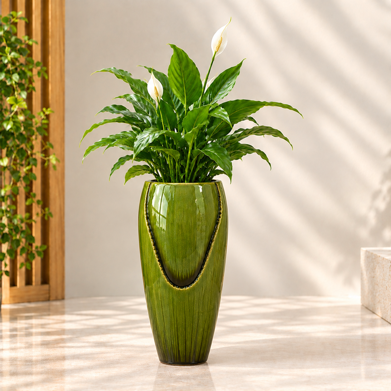 Glossy green ceramic planter styled as a focal point
